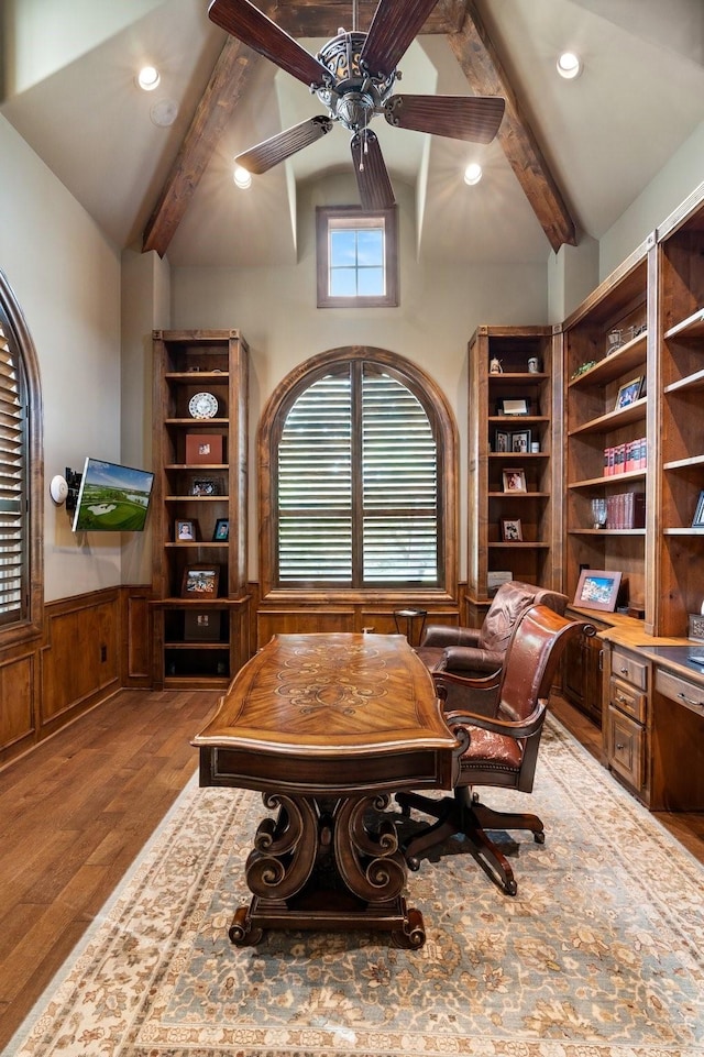 10 Maroon Creek Ct, Spring, TX 77389 - office area with wainscoting, ceiling fan, wood finished floors, and recessed lighting