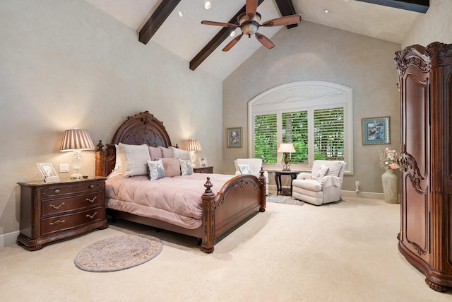 10 Maroon Creek Ct, Spring, TX 77389 - bedroom featuring beamed ceiling, light colored carpet, baseboards, high vaulted ceiling, and ceiling fan