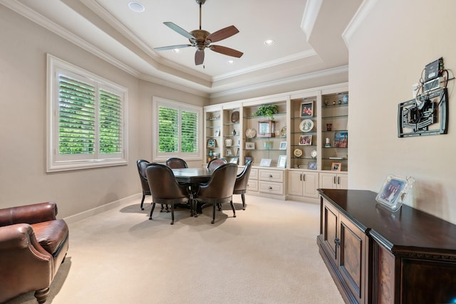 10 Maroon Creek Ct, Spring, TX 77389 - office space featuring light carpet, ceiling fan, a tray ceiling, ornamental molding, and baseboards