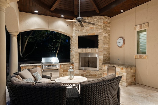 10 Maroon Creek Ct, Spring, TX 77389 - view of patio featuring an outdoor living space with a fireplace and ceiling fan