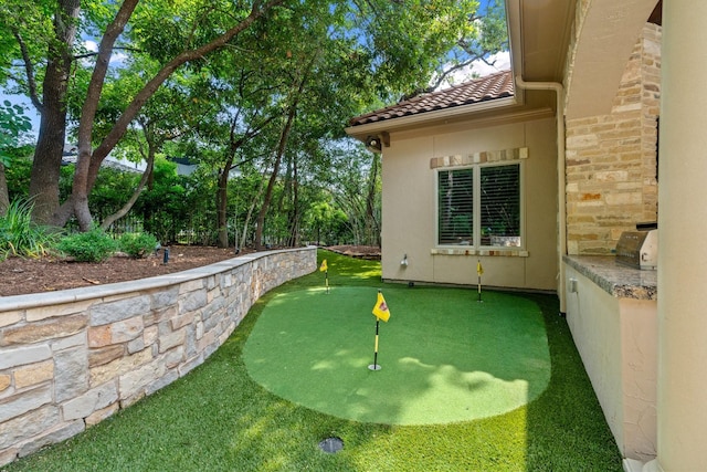 10 Maroon Creek Ct, Spring, TX 77389 - view of yard featuring a putting area and an outdoor kitchen