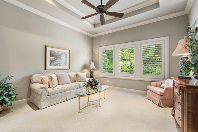 10 Maroon Creek Ct, Spring, TX 77389 - living room with carpet flooring, a tray ceiling, ornamental molding, a ceiling fan, and baseboards