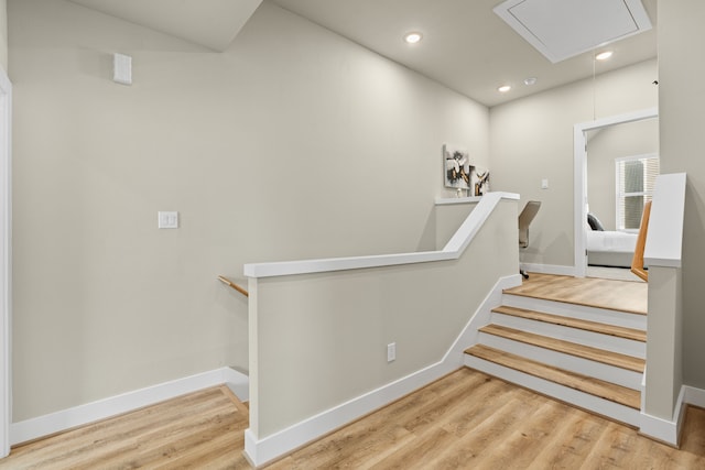 5809 Francis Oak Pl, Houston, TX 77091 - staircase with attic access, wood finished floors, recessed lighting, and baseboards