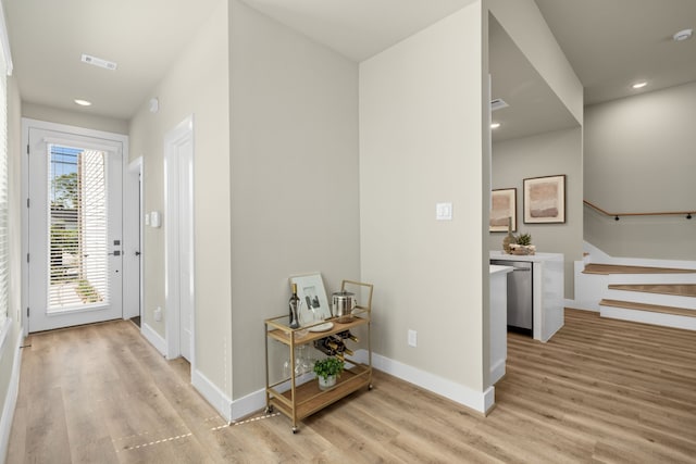 5811 Francis Oak Pl, Houston, TX 77091 - entrance foyer with light wood-type flooring, stairway, and recessed lighting