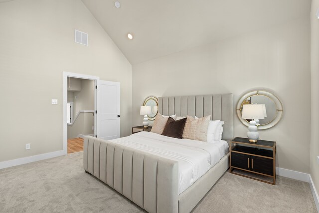 5811 Francis Oak Pl, Houston, TX 77091 - bedroom featuring carpet flooring, high vaulted ceiling, and recessed lighting