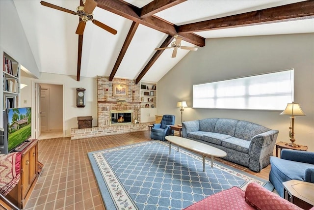 1705 E Texas Ave, Baytown, TX 77520 - living area with ceiling fan, a fireplace, built in features, and baseboards