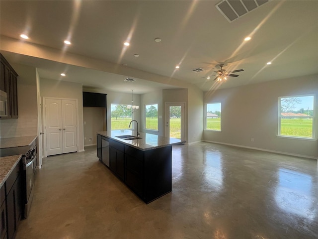 8 Greenway Dr, Trinity, TX 75862 - kitchen with a sink, stainless steel electric stove, baseboards, plenty of natural light, and recessed lighting