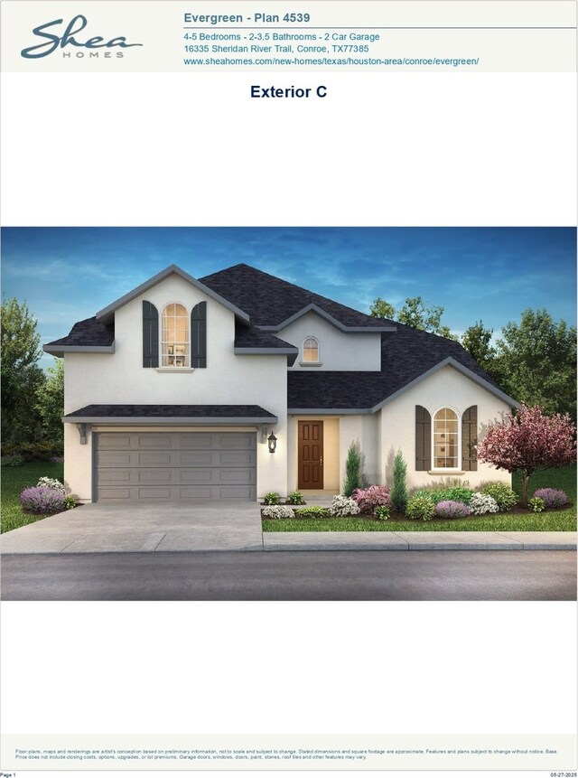 16183 Sheridan River Trl, Conroe, TX 77302 - view of front of house with stucco siding, a garage, concrete driveway, and roof with shingles