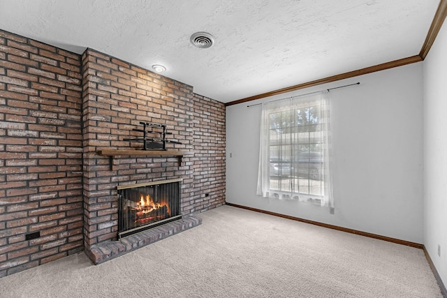 1915 Morton League Rd, Richmond, TX 77406 - unfurnished living room with carpet floors, a brick fireplace, a textured ceiling, crown molding, and baseboards