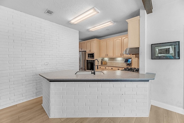 1915 Morton League Rd, Richmond, TX 77406 - kitchen with a sink, appliances with stainless steel finishes, light brown cabinetry, under cabinet range hood, and light wood-style floors