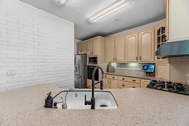 1915 Morton League Rd, Richmond, TX 77406 - kitchen featuring black appliances, under cabinet range hood, light brown cabinets, a sink, and backsplash