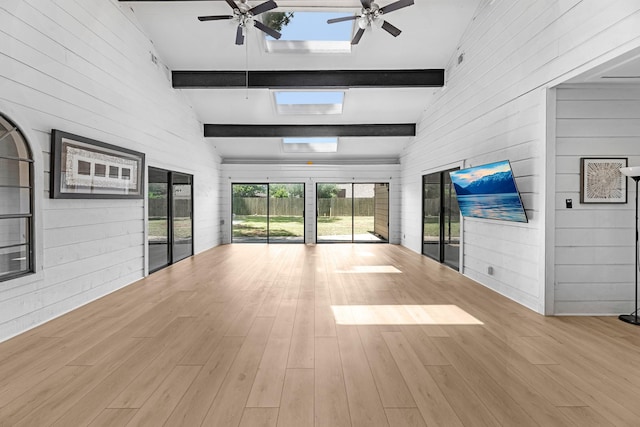 1915 Morton League Rd, Richmond, TX 77406 - unfurnished living room featuring ceiling fan, wood walls, and wood finished floors