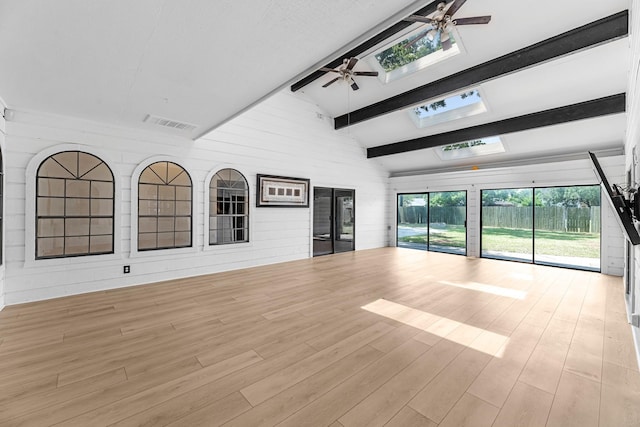1915 Morton League Rd, Richmond, TX 77406 - empty room featuring a skylight, ceiling fan, wood finished floors, and wood walls