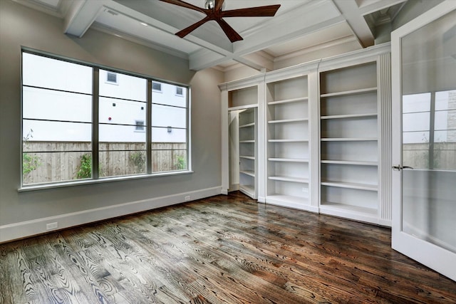 8304 Maple Ct, Bellaire, TX 77401 - spare room with ceiling fan, beam ceiling, coffered ceiling, baseboards, and wood finished floors
