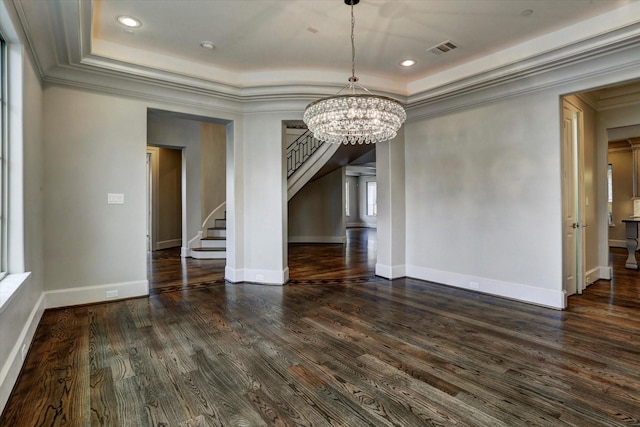 8304 Maple Ct, Bellaire, TX 77401 - empty room with stairway, ornamental molding, a chandelier, dark wood-style floors, and recessed lighting