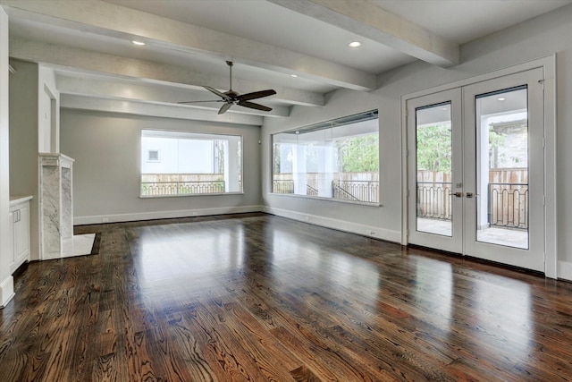 8304 Maple Ct, Bellaire, TX 77401 - unfurnished living room with healthy amount of natural light, french doors, beam ceiling, a ceiling fan, and recessed lighting