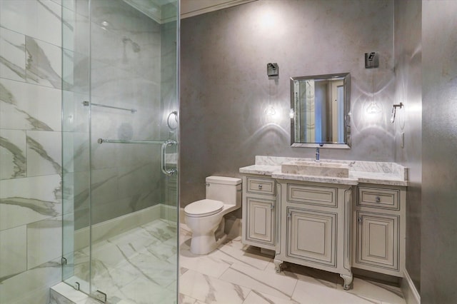 8304 Maple Ct, Bellaire, TX 77401 - bathroom with toilet, a stall shower, vanity, and marble look tiles
