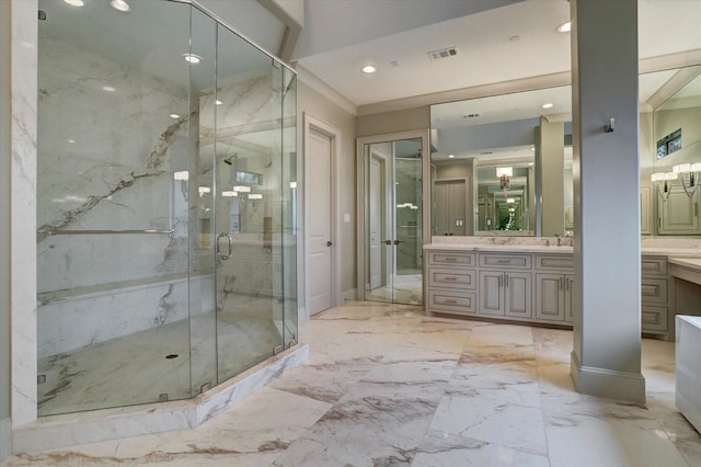 8304 Maple Ct, Bellaire, TX 77401 - full bathroom with marble tiled floors, vanity, a marble finish shower, and recessed lighting