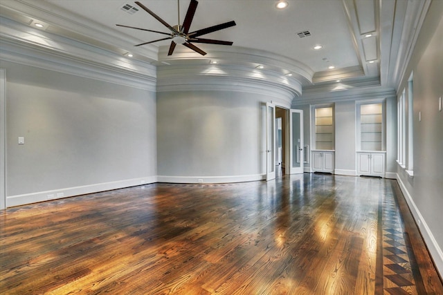 8304 Maple Ct, Bellaire, TX 77401 - unfurnished room featuring crown molding, ceiling fan, wood finished floors, built in features, and baseboards
