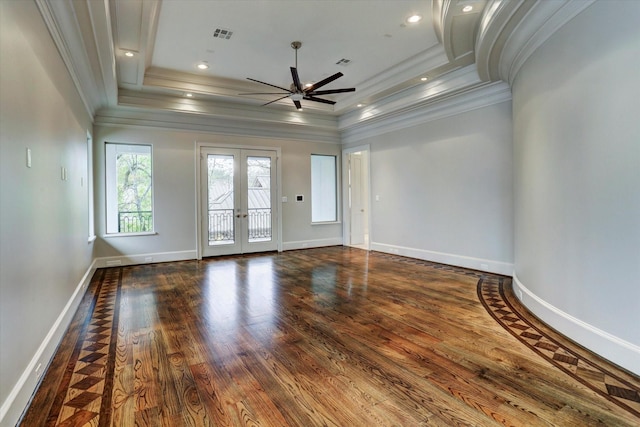 8304 Maple Ct, Bellaire, TX 77401 - spare room featuring crown molding, a ceiling fan, french doors, wood finished floors, and baseboards