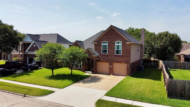 10407 Redwood Dr, Baytown, TX 77523 - view of front of house featuring brick siding, an attached garage, driveway, and a chimney