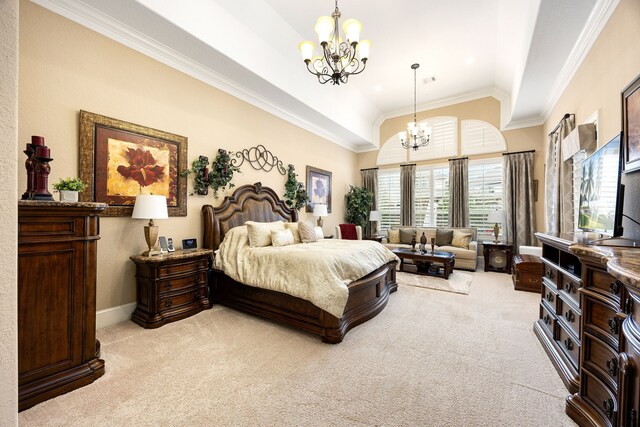 2803 Chester Knoll Ct, Katy, TX 77494 - bedroom with a chandelier, light carpet, lofted ceiling, crown molding, and baseboards