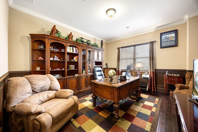 2803 Chester Knoll Ct, Katy, TX 77494 - office area with wainscoting, ornamental molding, and dark wood-type flooring