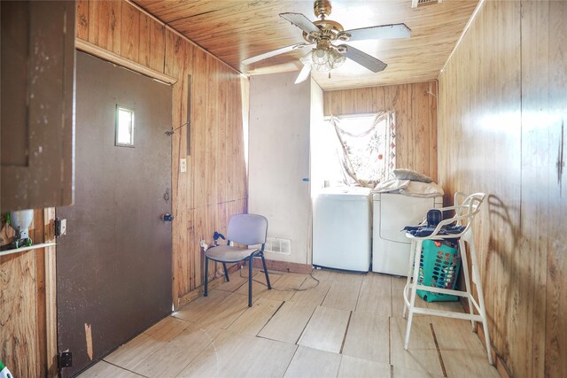 3603 Providence St, Houston, TX 77020 - washroom featuring washer and dryer, wood walls, a ceiling fan, and wood ceiling
