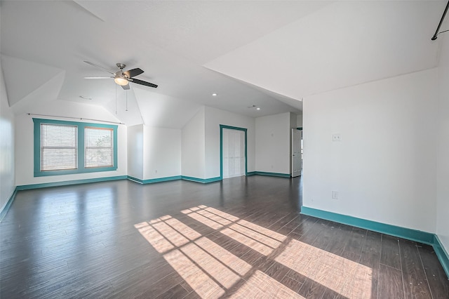206 S Idaho St, La Porte, TX 77571 - empty room with baseboards, wood finished floors, ceiling fan, vaulted ceiling, and recessed lighting
