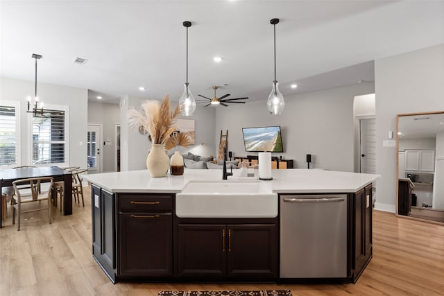 18631 Joyous Ln, Cypress, TX 77433 - kitchen featuring dishwasher, a sink, light countertops, ceiling fan, and recessed lighting