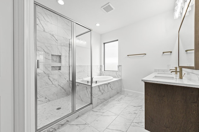 836 Laguna Green Ln, Katy, TX 77493 - bathroom featuring a garden tub, marble look tile flooring, a marble finish shower, double vanity, and recessed lighting