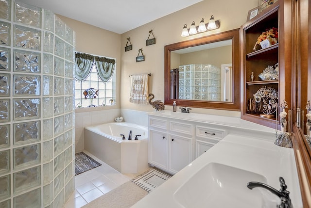13685 Lakeside Place Dr, Willis, TX 77318 - full bathroom with vanity, tile patterned floors, a bath, and curtained shower