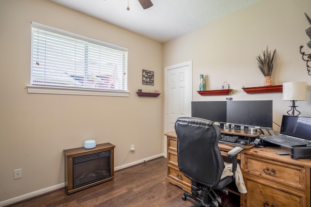 13685 Lakeside Place Dr, Willis, TX 77318 - office area with ceiling fan and dark wood finished floors