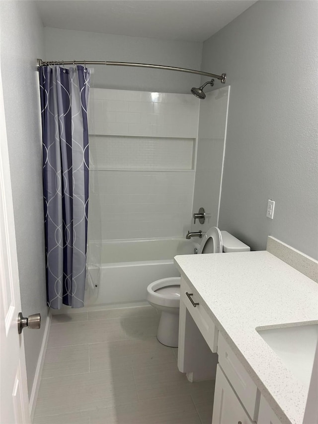 12702 River Bend Dr, Mont Belvieu, TX 77523 - full bathroom with toilet, vanity, shower / bathtub combination with curtain, and tile patterned flooring