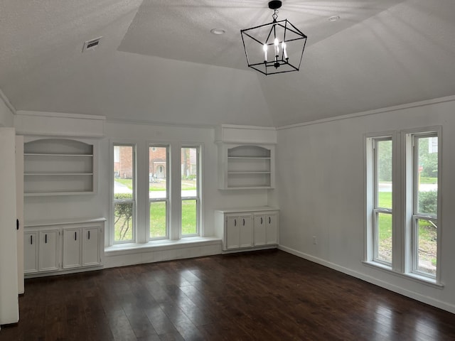 3714 Woodbriar Dr, Houston, TX 77068 - unfurnished living room featuring lofted ceiling, dark wood-style flooring, a chandelier, and baseboards