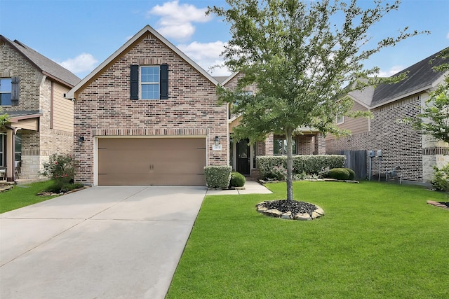 2610 Cedar Path Ln, Conroe, TX 77385 - traditional-style house featuring brick siding, an attached garage, driveway, and a front lawn