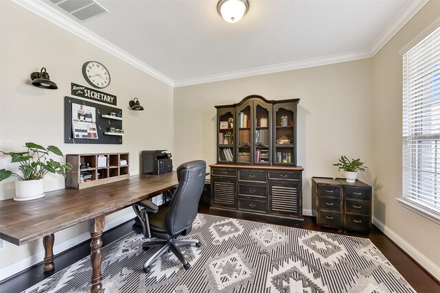2610 Cedar Path Ln, Conroe, TX 77385 - home office featuring ornamental molding, baseboards, and dark wood-type flooring