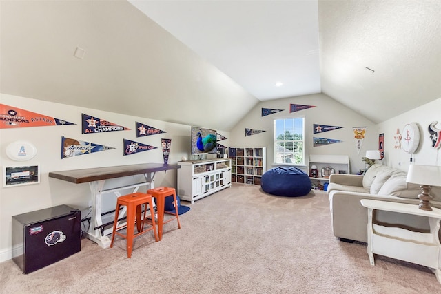 2610 Cedar Path Ln, Conroe, TX 77385 - rec room featuring carpet floors, lofted ceiling, and baseboards