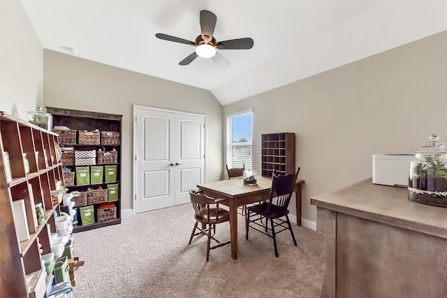 2610 Cedar Path Ln, Conroe, TX 77385 - home office with carpet, baseboards, a ceiling fan, and lofted ceiling