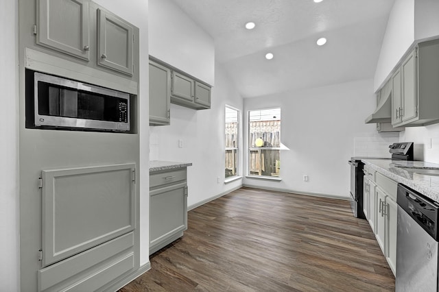9911 Berry Limb Dr, Houston, TX 77099 - kitchen featuring appliances with stainless steel finishes, gray cabinetry, vaulted ceiling, dark wood-type flooring, and light stone countertops