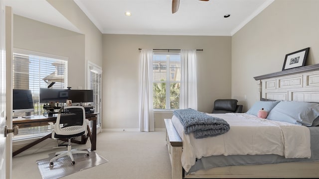18725 Egret Oaks Ln, Webster, TX 77058 - bedroom featuring light carpet, a desk, ornamental molding, baseboards, and recessed lighting