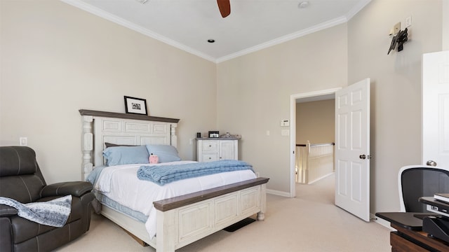 18725 Egret Oaks Ln, Webster, TX 77058 - bedroom with crown molding, light colored carpet, baseboards, ceiling fan, and a high ceiling
