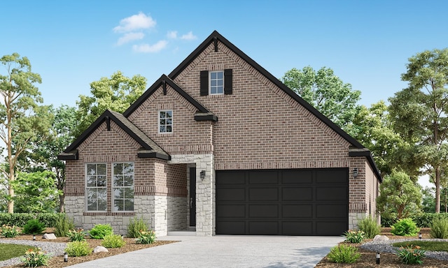 18814 Sweetwater Springs Ln, Cypress, TX 77433 - french country home with stone siding, brick siding, concrete driveway, and an attached garage