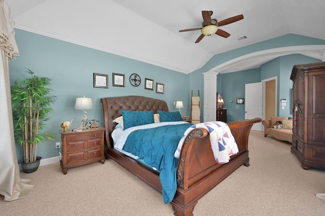 13273 Royal Rdg, Conroe, TX 77302 - bedroom featuring light carpet, ornate columns, vaulted ceiling, ceiling fan, and baseboards