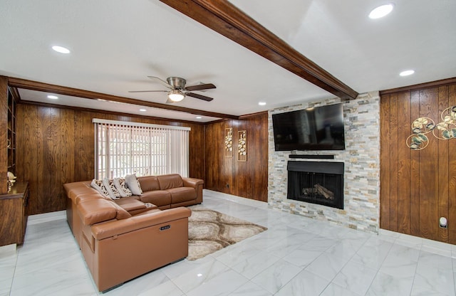 15014 Carol Chase Cir, Houston, TX 77489 - living room featuring wooden walls, a ceiling fan, a stone fireplace, marble finish floors, and beamed ceiling