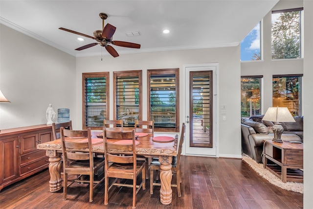 5306 Lockwood Bend Ln, Sugar Land, TX 77479 - dining space with ceiling fan, crown molding, plenty of natural light, dark wood-type flooring, and recessed lighting