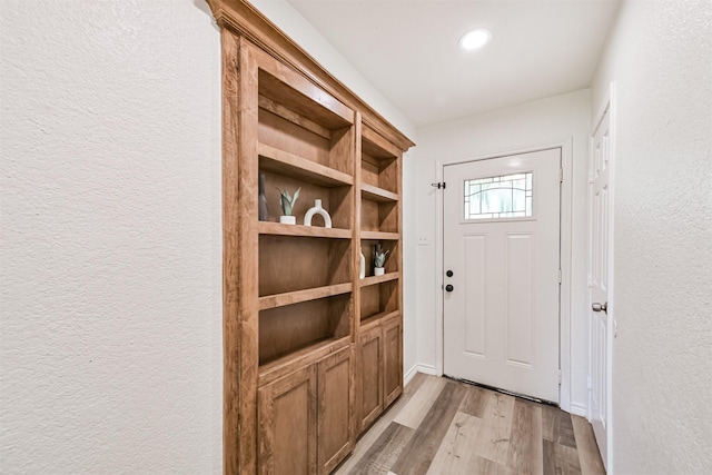 6315 Amie Ln Unit Cr879, Pearland, TX 77584 - doorway to outside with a textured wall, light wood-style floors, and recessed lighting