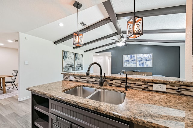 6315 Amie Ln Unit Cr879, Pearland, TX 77584 - kitchen with a sink, light stone counters, ceiling fan, hanging light fixtures, and light wood-style flooring
