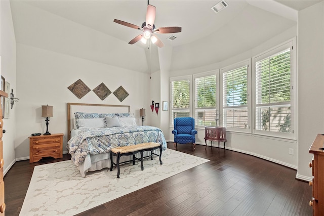 15019 Turquoise Mist Dr, Cypress, TX 77433 - bedroom featuring dark wood-style floors, baseboards, ceiling fan, and lofted ceiling