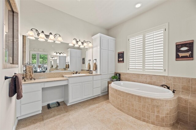 15019 Turquoise Mist Dr, Cypress, TX 77433 - full bathroom with a garden tub, vanity, tile patterned floors, and recessed lighting